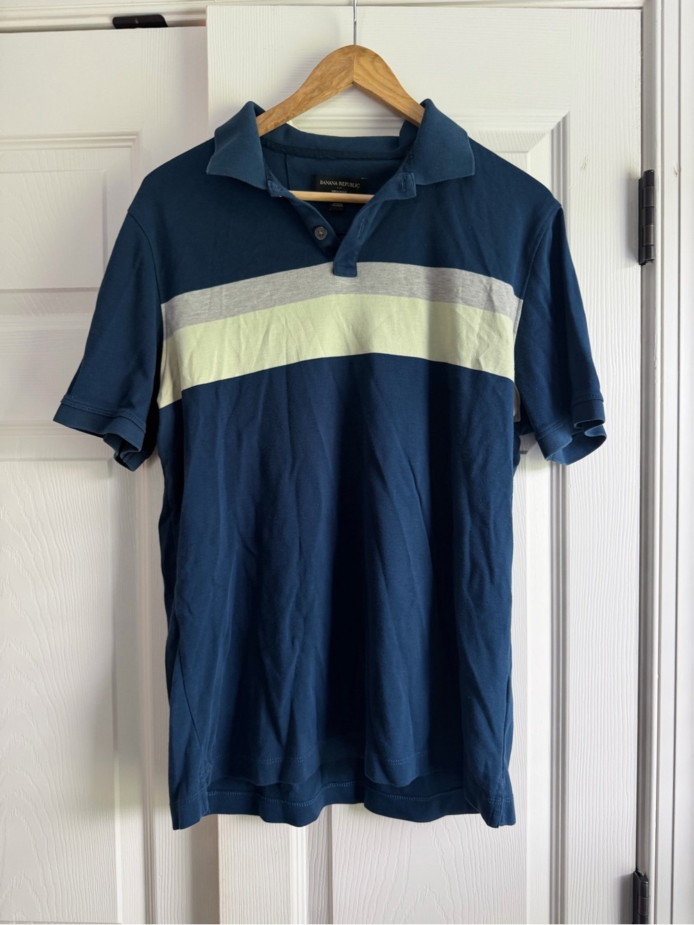 Banana Republic Navy Polo with Gray and Light Green Stripes
